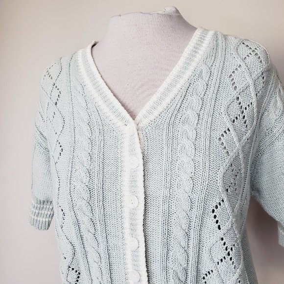 Vintage Crazy Horse Cardigan Grannycore Cable Knit Retro Rami Cotton Pale Blue M - Picture 4 of 8